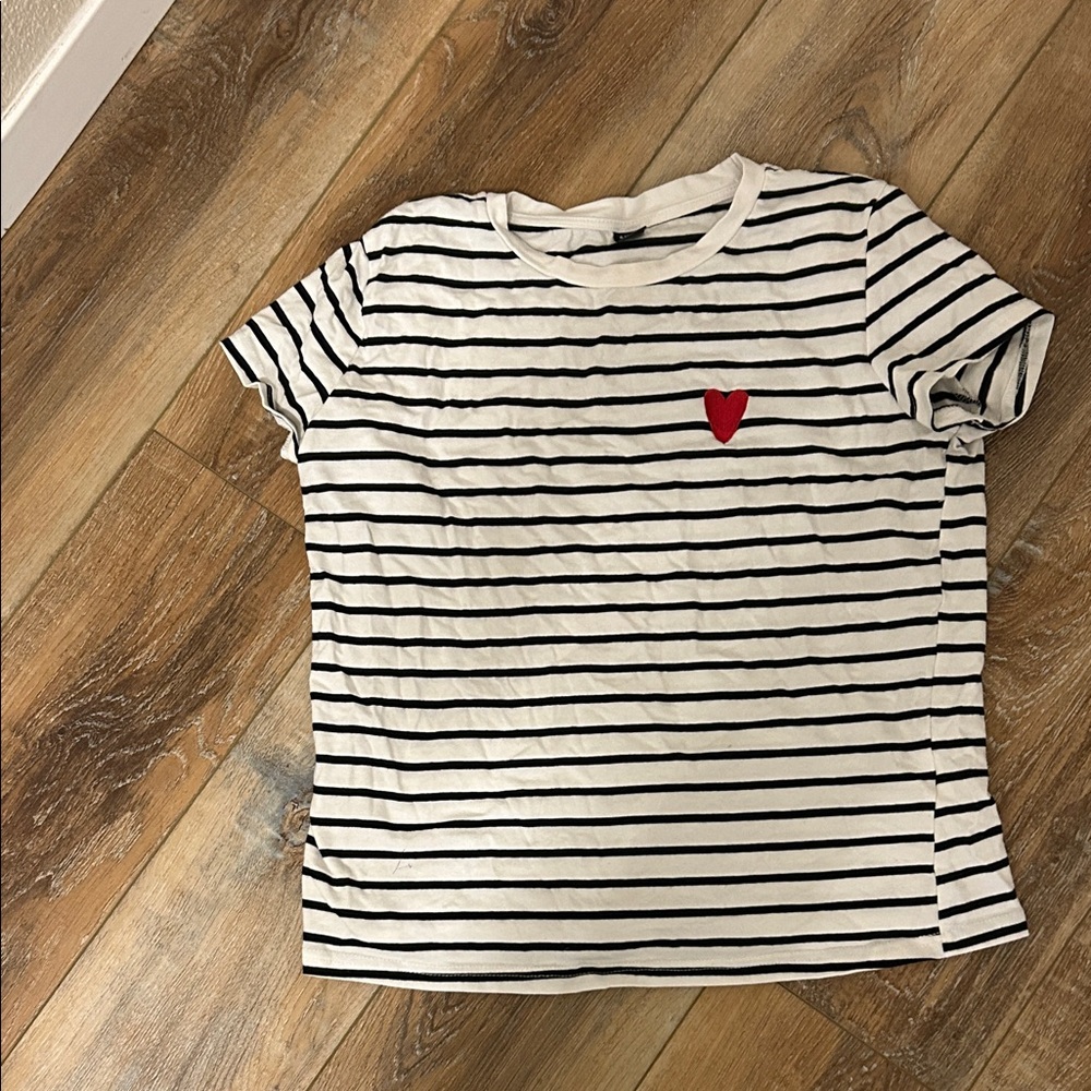 SHEIN Black and White Striped Tee with Red Heart